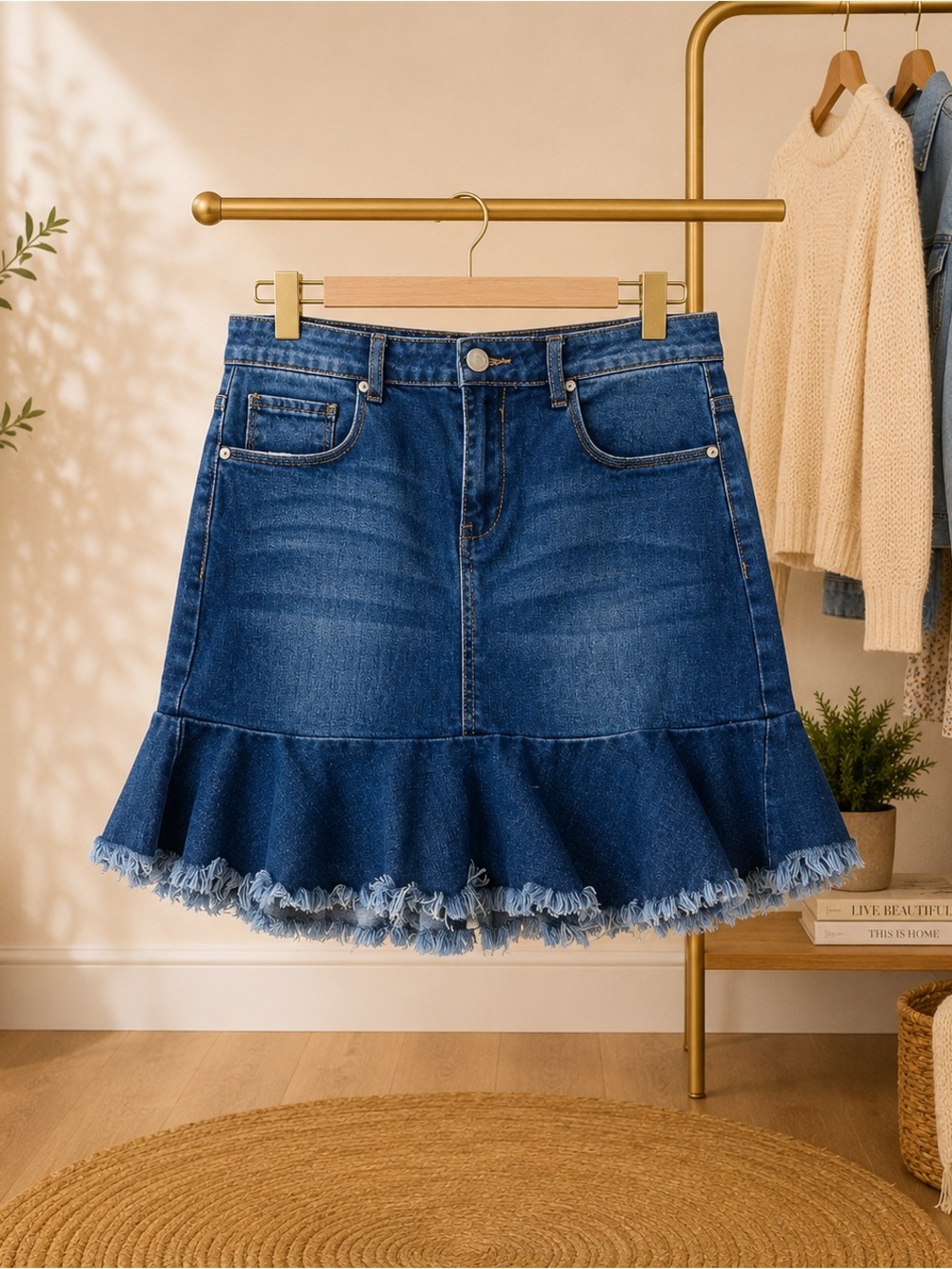 Denim Ruffle Hem Skirt - Blue